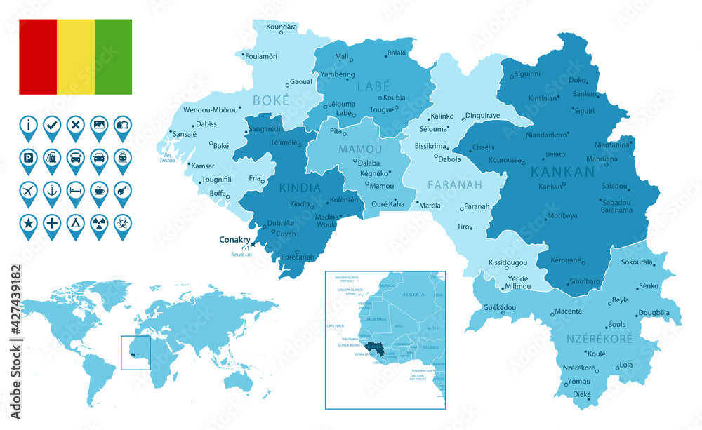 Obraz premium Guinea detailed administrative blue map with country flag and location on the world map.