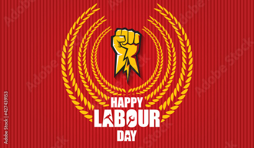 Happy labour day vector label with strong orange fist isolated on red horizontal background. vector happy labor day background or horizontal banner with man hand. red workers may day poster