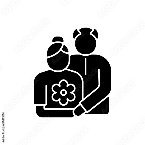 Old couple black glyph icon. Honor senior citizens day. Double ninth festival. Visit elderly relatives. Organizing outings for retirees. Silhouette symbol on white space. Vector isolated illustration