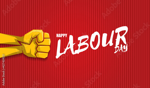Happy labour day vector label with strong orange fist isolated on red horizontal background. vector happy labor day background or horizontal banner with man hand. red workers may day poster