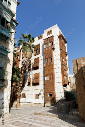 Old town of Jeddah with th historic wooden balconies in the Al Balad district, Saudi Arabia photo