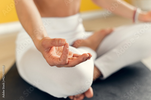 Yogi woman practicing yoga lesson, meditating, doing Lotus pose with mudra gesture, close up. Well being, wellness concept
