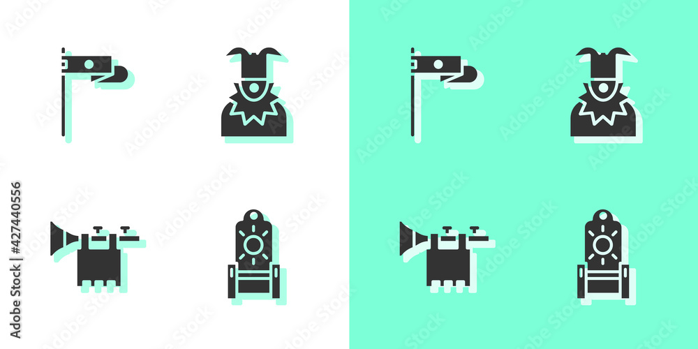 Set Medieval throne, flag, Trumpet with and Joker head icon. Vector Set Medieval throne, flag, Trumpet with and Joker head icon. Vector