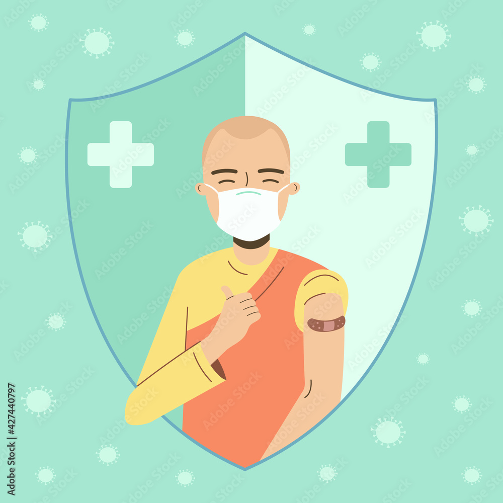 Happy Shaolin monk in medical face mask raising thumbs up and shows bandage after injection of the flu vaccine. Coronavirus vaccination vector flat illustration. Happy Shaolin monk in medical face mask raising thumbs up and shows bandage after injection of the flu vaccine. Coronavirus vaccination vector flat illustration.