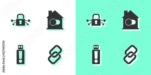 Set Chain link, Cyber security, USB flash drive and Smart home icon. Vector