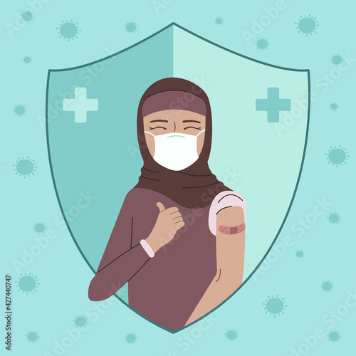 Happy muslim woman in hijab and medical face mask raising thumbs up and shows bandage after injection of the flu vaccine. Coronavirus vaccination vector flat illustration.