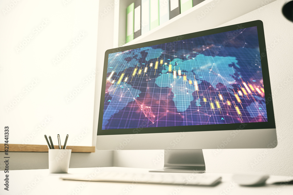 Abstract creative financial diagram with world map on modern computer monitor, banking and accounting concept. 3D Rendering Abstract creative financial diagram with world map on modern computer monitor, banking and accounting concept. 3D Rendering
