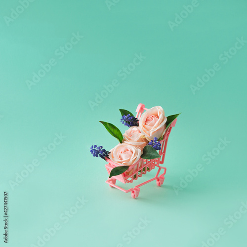 Spring shopping. Flowers in a shopping cart. Flowering. Gentle colors. Pink wallpaper.