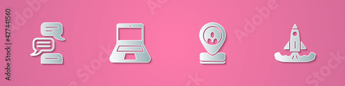 Set paper cut Speech bubble chat, Laptop, Worker location and Rocket icon. Paper art style. Vector