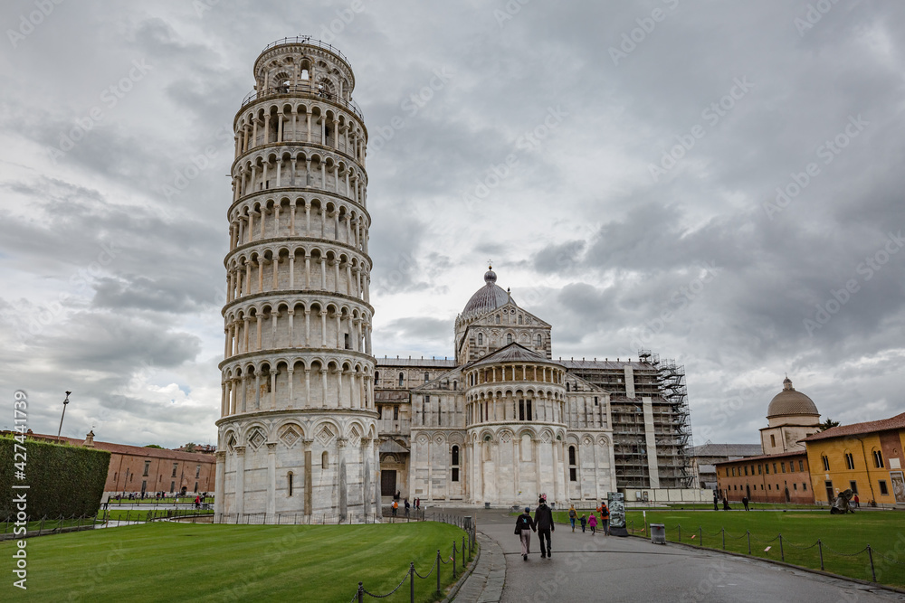Beautiful view of The Pisa Cathedral (Duomo di Pisa) and the Leaning tower in Piazza dei Miracoli in Pisa, Italy