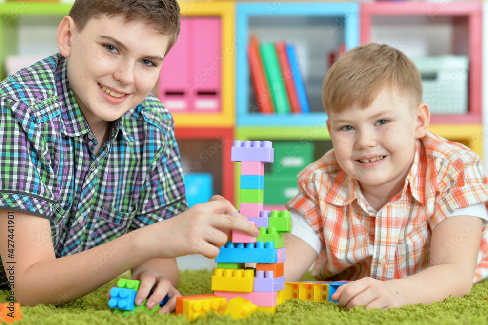 brothers playing with colorful plastic blocks in room brothers playing with colorful plastic blocks in room