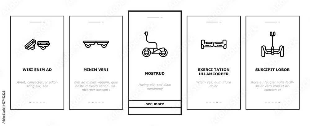 Personal Transport Onboarding Mobile App Page Screen Vector. Scooter And Bicycle, Motorbike And Bike, Electric Monowheel And Hoverboard Transport Illustrations