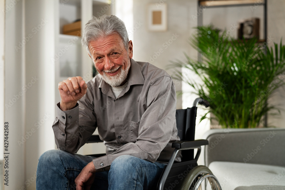 Disabled senior man in wheelchair. Smiling old man in wheelchair...