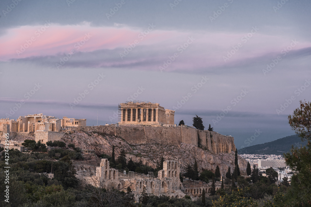 Fototapeta premium Acropolis Of Athens On Rocky Outcrop. UNESCO World Heritage Site In Greece, wide shot