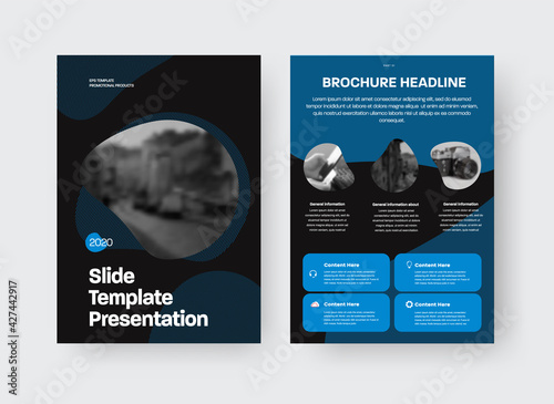 Vector brochure template with creative design on black background, front, back view