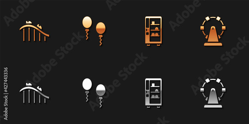 Set Roller coaster, Balloons, Vending machine and Ferris wheel icon. Vector