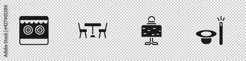 Set Shooting gallery, Picnic table with chairs, Magic ball on and hat and wand icon. Vector
