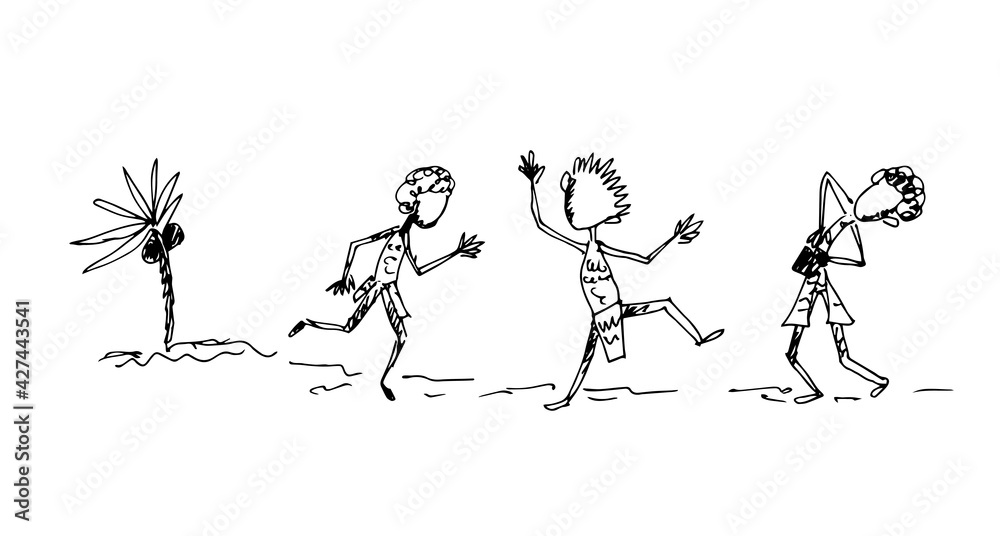 Fototapeta premium Dancings under a palm tree. Vector illustration, sketch.