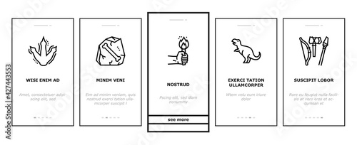 Prehistoric Period Onboarding Mobile App Page Screen Vector. Prehistoric Plant And Tree, Mammoth And Clam, Dinosaur Skull And Bone, Statue And Damaged Vase Illustrations