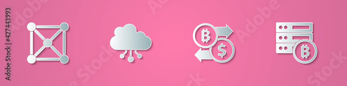 Set paper cut Blockchain technology, Cryptocurrency cloud mining, exchange and Server bitcoin icon. Paper art style. Vector