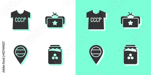 Set Jar of honey, USSR t-shirt, Location Russia and Ushanka icon. Vector