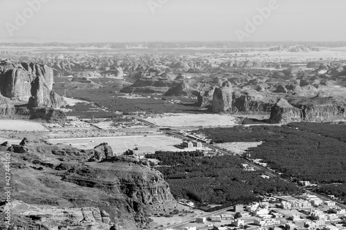 View towards Al Ula  an oasis in the middle of the mountainous landscape of Saudi Arabia