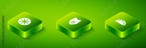 Set Isometric Bear head, Dumpling and Snowflake icon. Vector