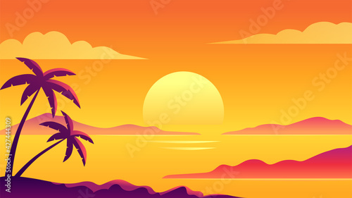 Colorful ocean island sunset vector illustration © HilaryDesign
