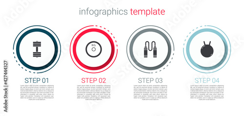 Set Dumbbell, Weight plate, Jump rope and Kettlebell. Business infographic template. Vector