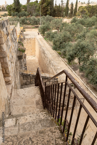 Steps leading from the closed Golden Gate to the wall encircling the Temple Mount in the Old Town of Jerusalem in Israel