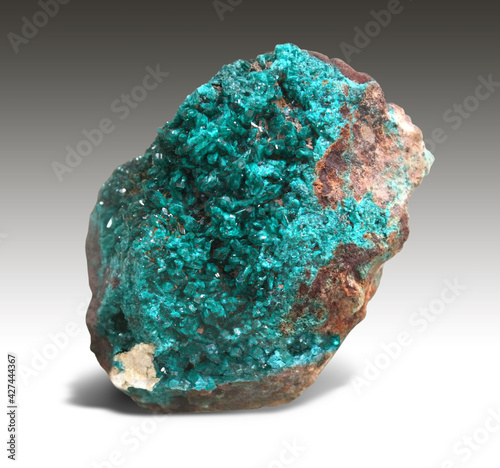 A fine sample of dioptase - green crystals, very reminiscent of emeralds. Zaire - Africa Mining Site. This mineral is also called - copper emerald.