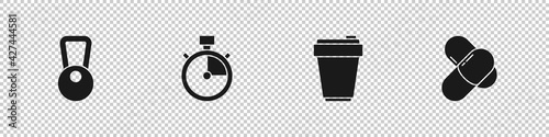 Set Kettlebell, Stopwatch, Fitness shaker and Sports nutrition icon. Vector