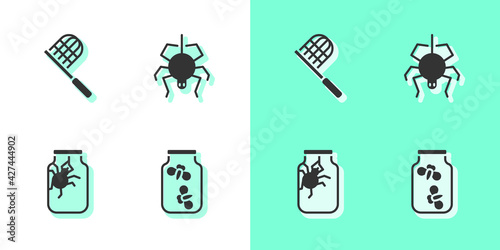 Set Fireflies bugs in a jar, Butterfly net, Spider and icon. Vector
