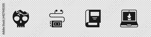 Set Broken human skull, Museum audio guide, History book and Online museum icon. Vector