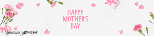 Happy Mothers day banner. Holiday design template with realistic pink carnation flowers, gift boxes and paper hearts on white background. Vector stock illustration.