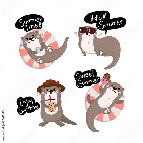 Cute otter in summer holidays. Happy animal wildlife with swim ring, sunglasses, ice-cream and bubble iced tea cartoon character set. -Vector