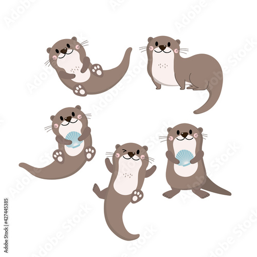 Cute otter and shellfish vector. Happy animal wildlife cartoon character set.
