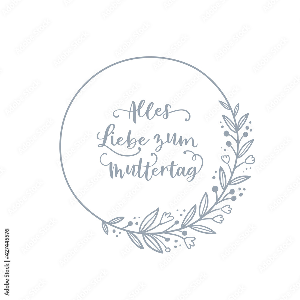 Lovely hand drawn floral wreath, doodle flowers, text in German 