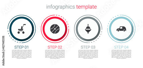 Set Baby stroller, Basketball ball, Whirligig toy and Toy car. Business infographic template. Vector