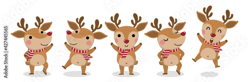 Cute deer, reindeer with red scarf collection. Merry Christmas and happy new year greeting card.  Animal in winter holidays cartoon character set.