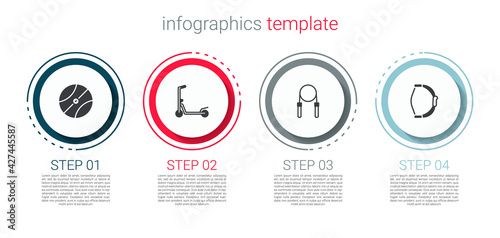 Set Basketball ball, Scooter, Jump rope and Bow toy. Business infographic template. Vector