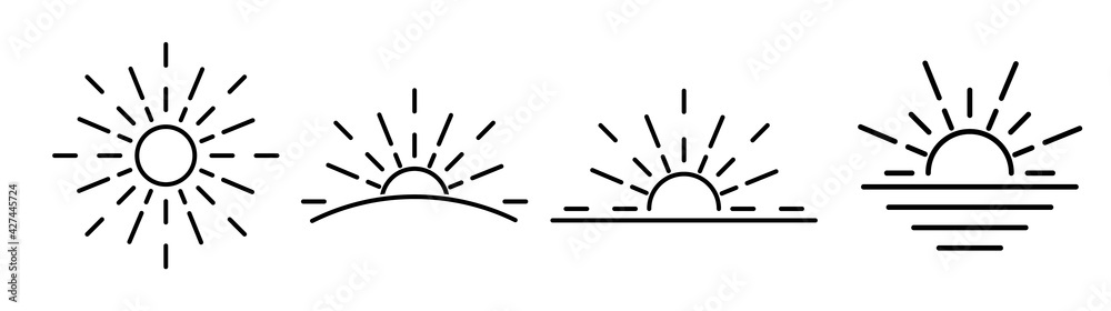 Sun icons set - vector thin line sunshine and sun burst symbols or logo elements Sun icons set - vector thin line sunshine and sun burst symbols or logo elements