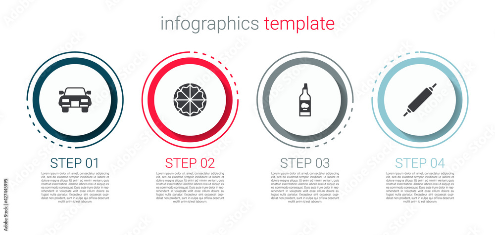 Set Car, Pizza, Bottle of olive oil and Rolling pin. Business infographic template. Vector Set Car, Pizza, Bottle of olive oil and Rolling pin. Business infographic template. Vector