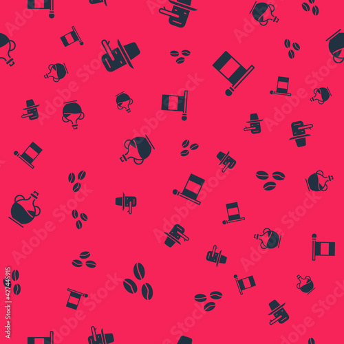 Set Coffee beans, Pinocchio, Bottle olive oil and Flag Italy on seamless pattern. Vector