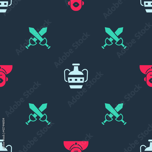 Set Cyclops, Ancient amphorae and Crossed medieval sword on seamless pattern. Vector