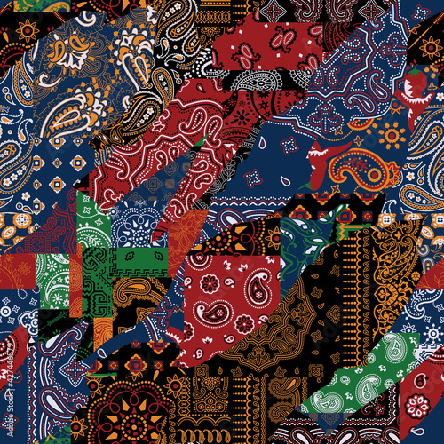 Bandana kerchief fabric paisley fabric patchwork abstract vector seamless pattern 