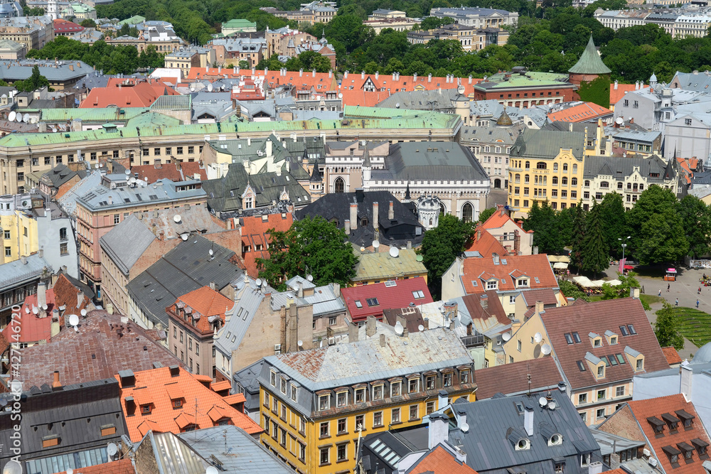 Aerial panoramic view of Riga, Latvia.