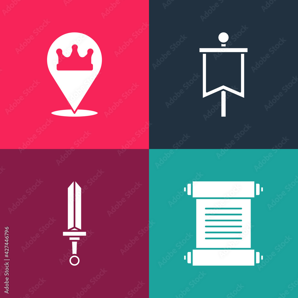 Set pop art Decree, parchment, scroll, Medieval sword, flag and Location king crown icon. Vector