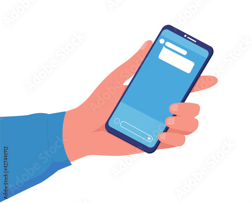 A hand holding some modern smartphone. White isolated illustration