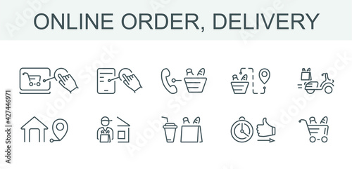 A set of vector icons for online ordering and delivery. All vector lines have the same thickness and color.